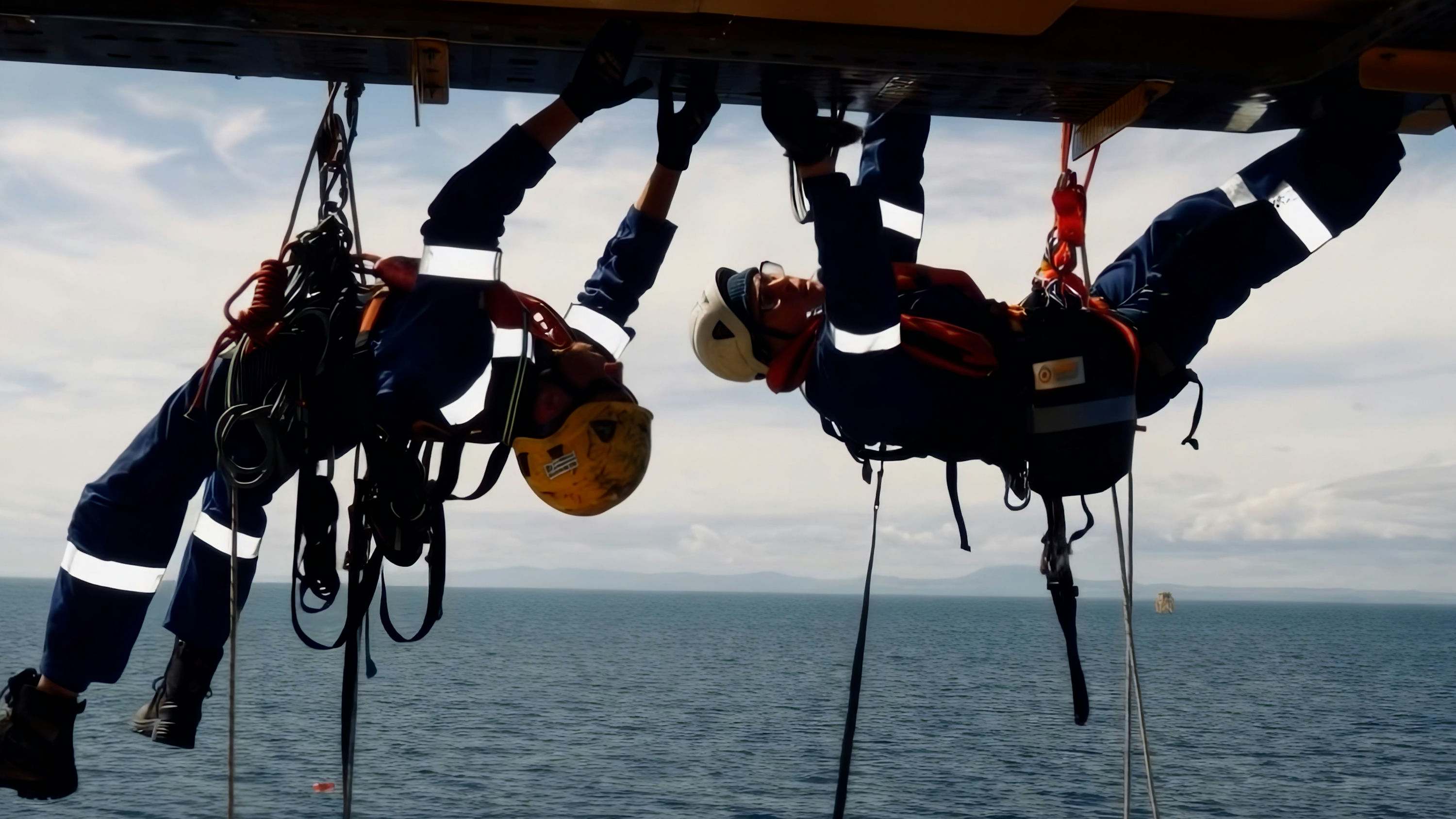 Rope access technicians on an offshore platform
